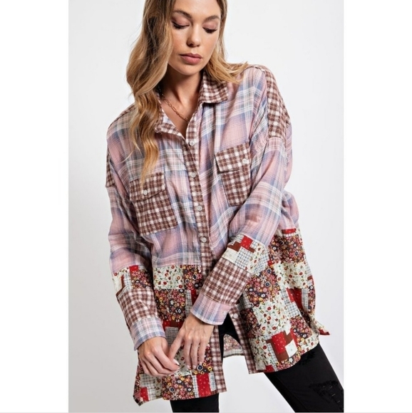 Easel Blush Mix N Match Print Button Down Oversized Loose Fit Plaid Shirt - Picture 6 of 7